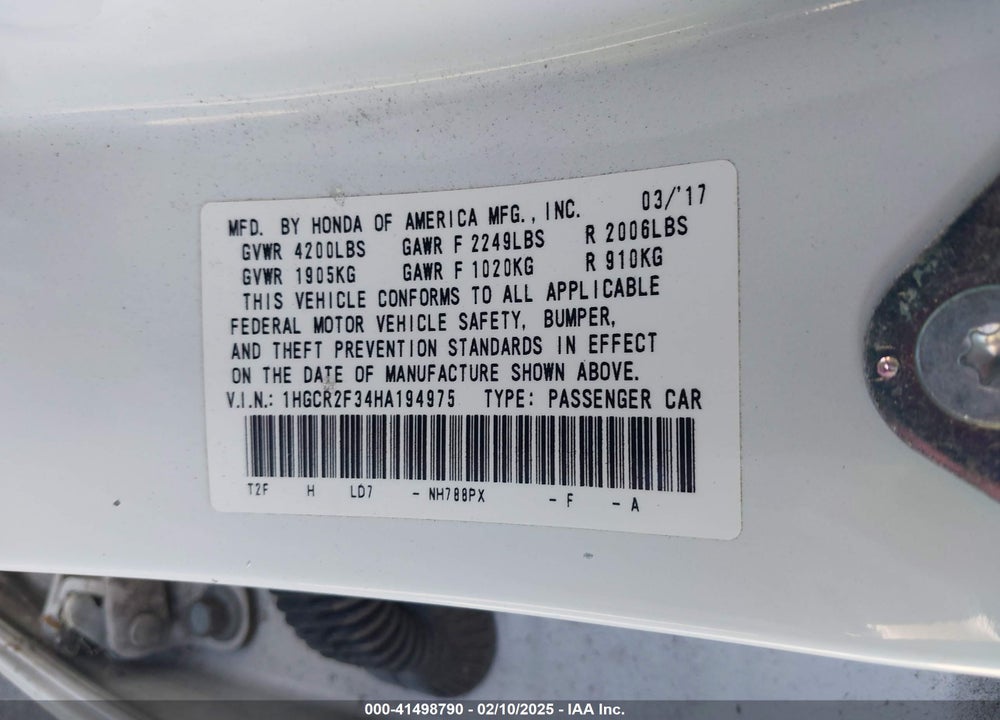 2017 HONDA ACCORD VIN: 1HGCR2F34HA194975