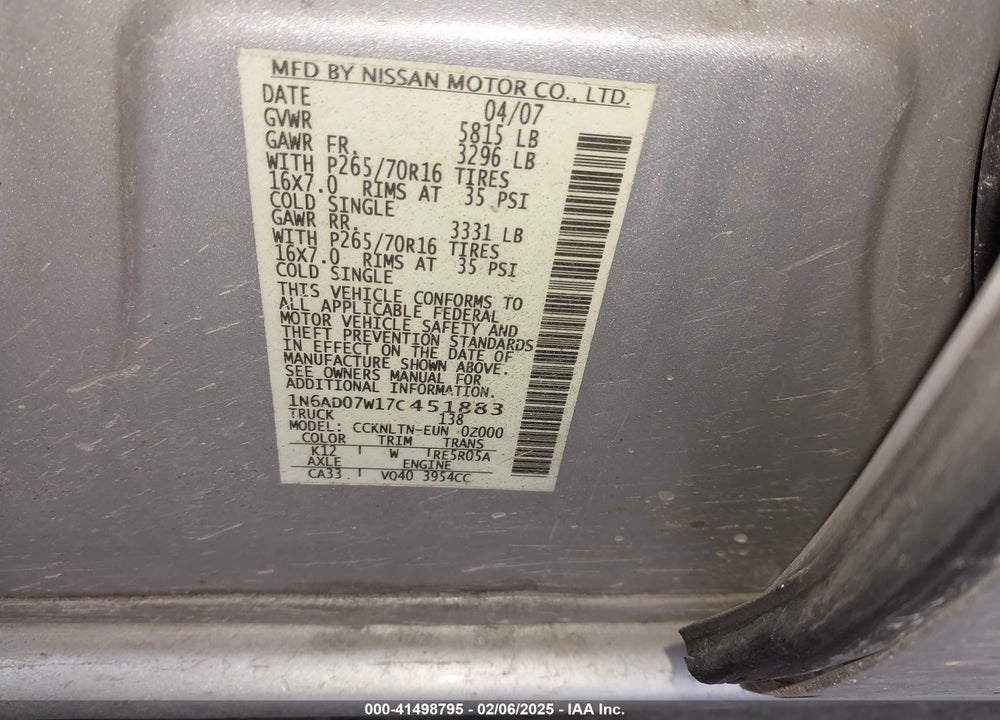 2007 NISSAN FRONTIER SE VIN: 1N6AD07W17C451883