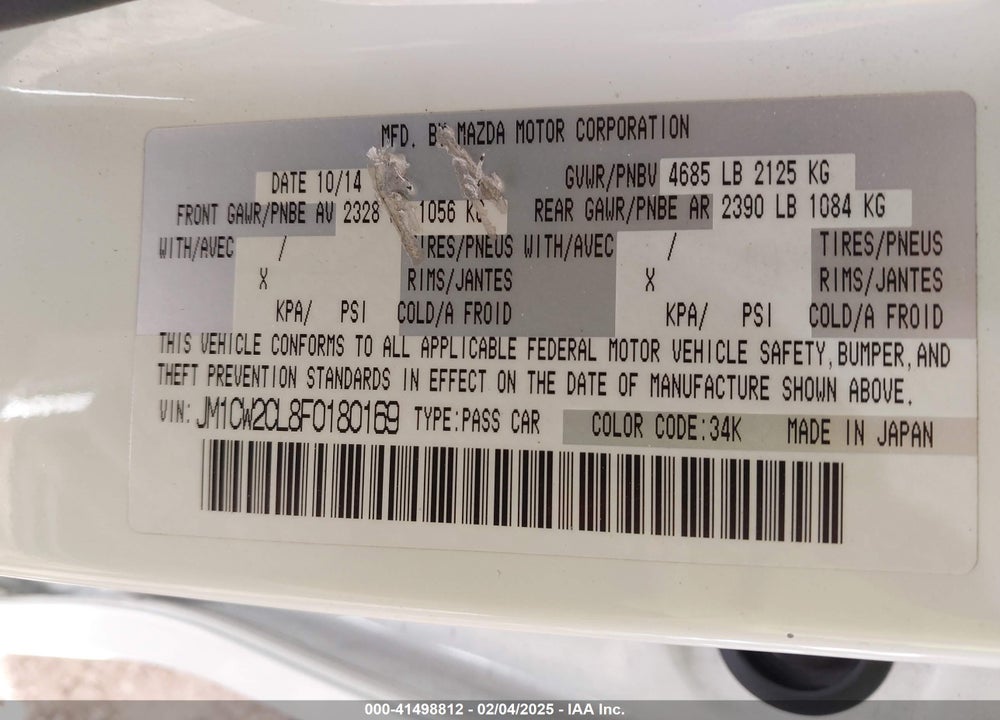2015 MAZDA 5 VIN: JM1CW2CL8F0180169