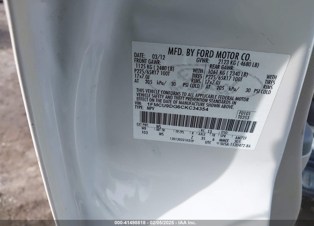 2012 FORD ESCAPE XLT VIN: 1FMCU9DG6CKC34354