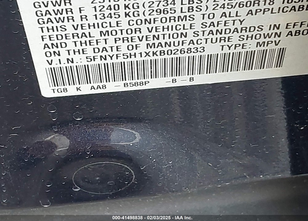 2019 HONDA PILOT LX VIN: 5FNYF5H1XKB026833