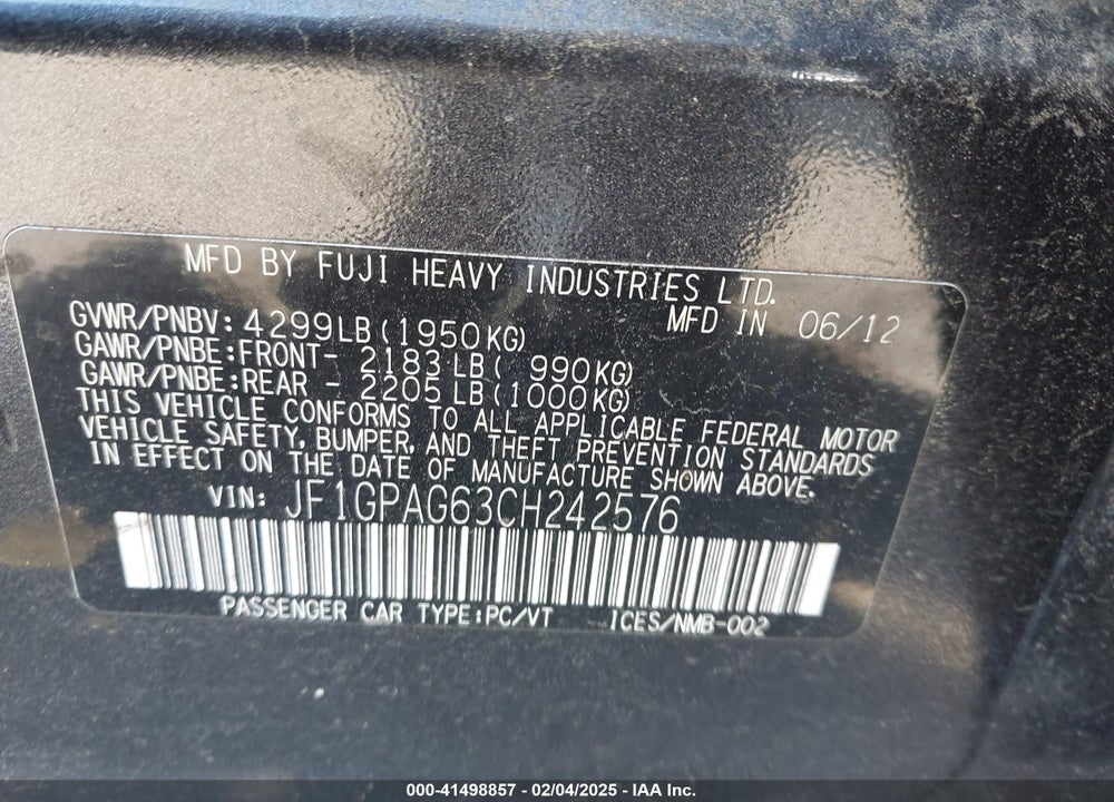 2012 SUBARU IMPREZA VIN: JF1GPAG63CH242576