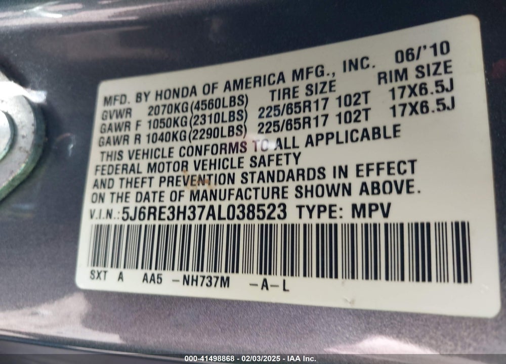 2010 HONDA CR-V LX VIN: 5J6RE3H37AL038523