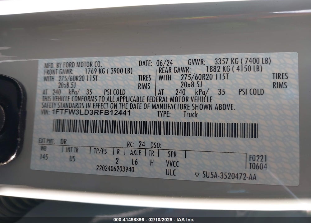 2024 FORD F-150 VIN: 1FTFW3LD3RFB12441