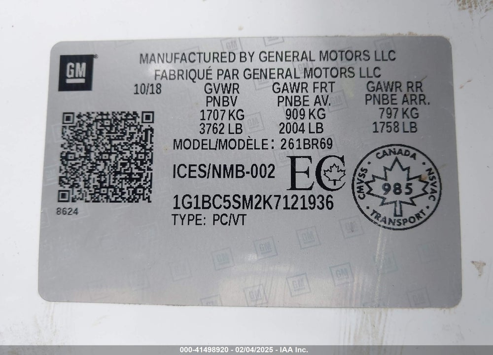 2019 CHEVROLET CRUZE VIN: 1G1BC5SM2K7121936