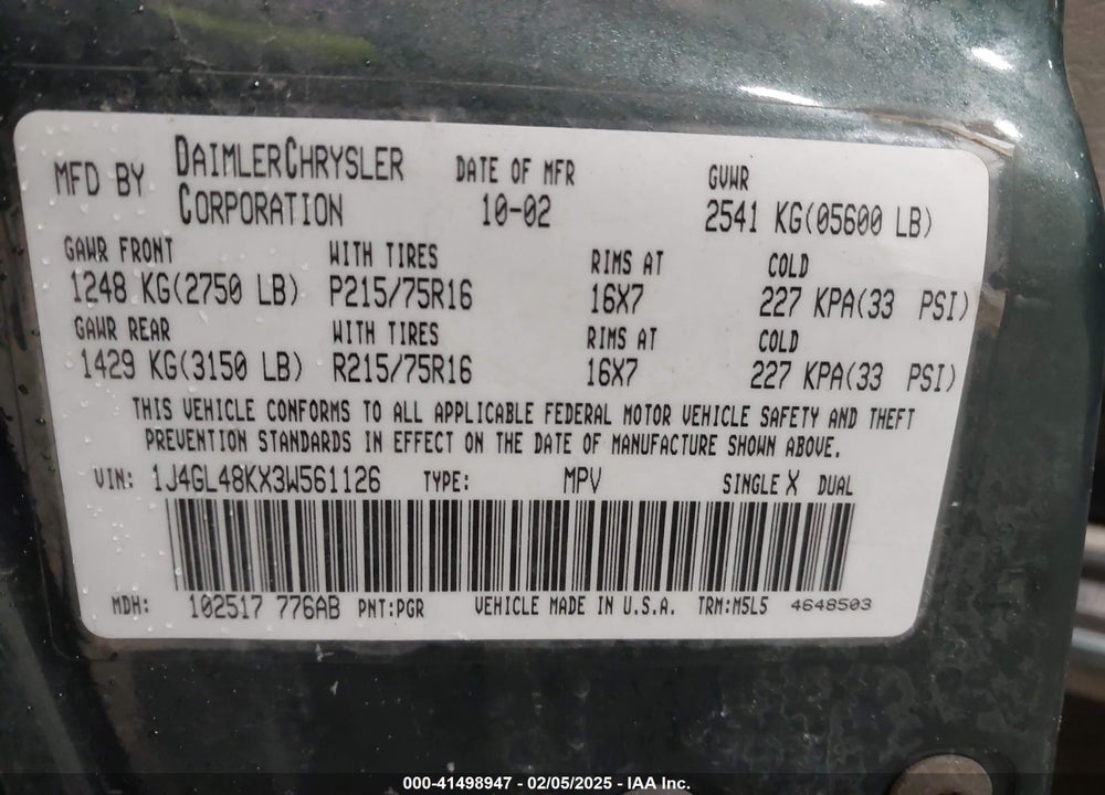 2003 JEEP LIBERTY SPORT VIN: 1J4GL48KX3W561126