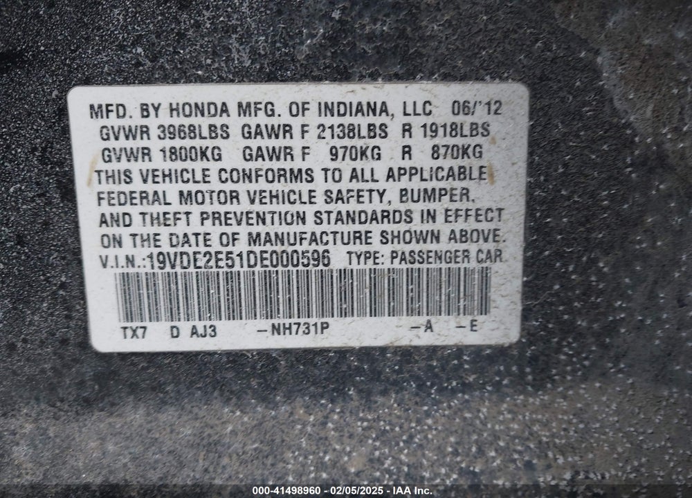 2013 ACURA ILX VIN: 19VDE2E51DE000596