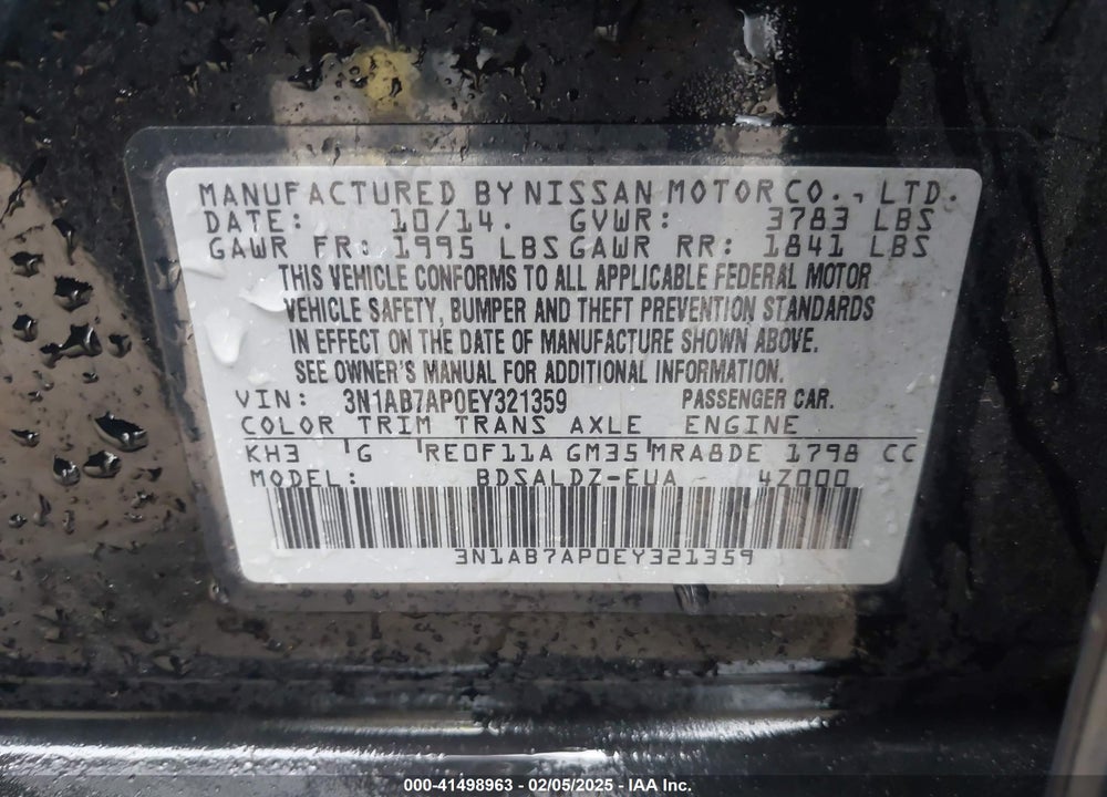 2014 NISSAN SENTRA VIN: 3N1AB7AP0EY321359