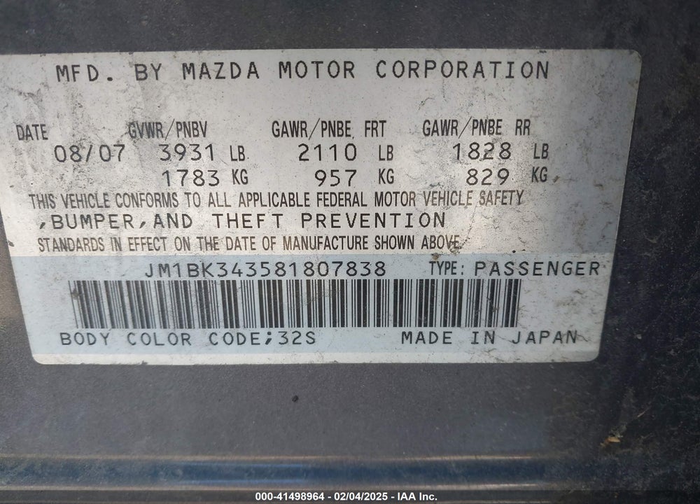 2008 MAZDA MAZDA3 VIN: JM1BK343581807838