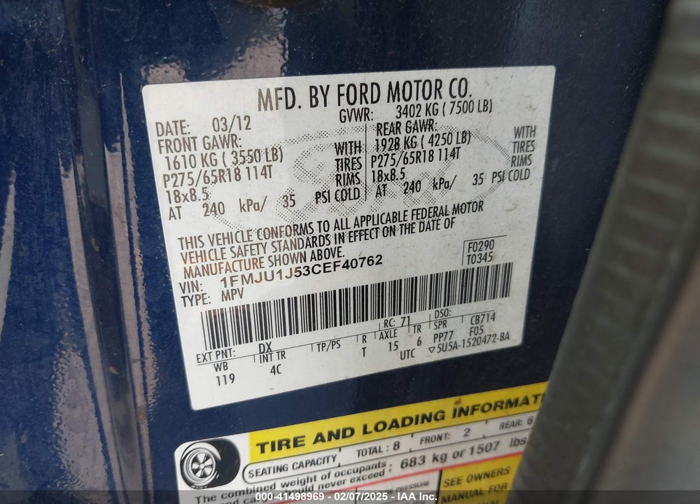 2012 FORD EXPEDITION XLT VIN: 1FMJU1J53CEF40762