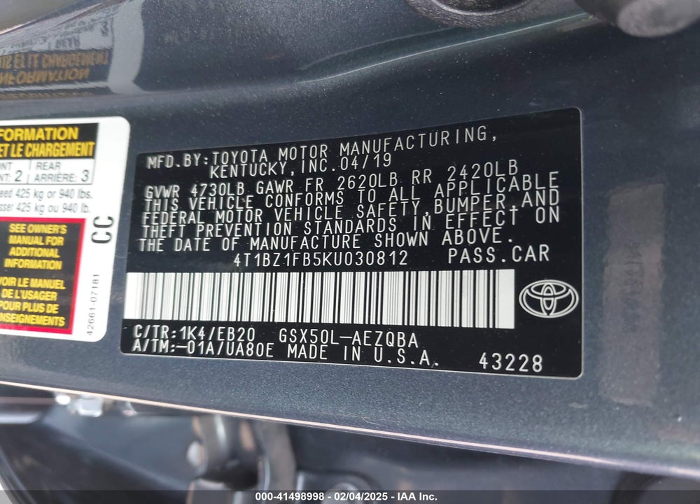 2019 TOYOTA AVALON XSE VIN: 4T1BZ1FB5KU030812