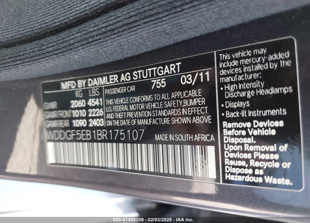 2011 MERCEDES-BENZ C 300 VIN: WDDGF5EB1BR175107