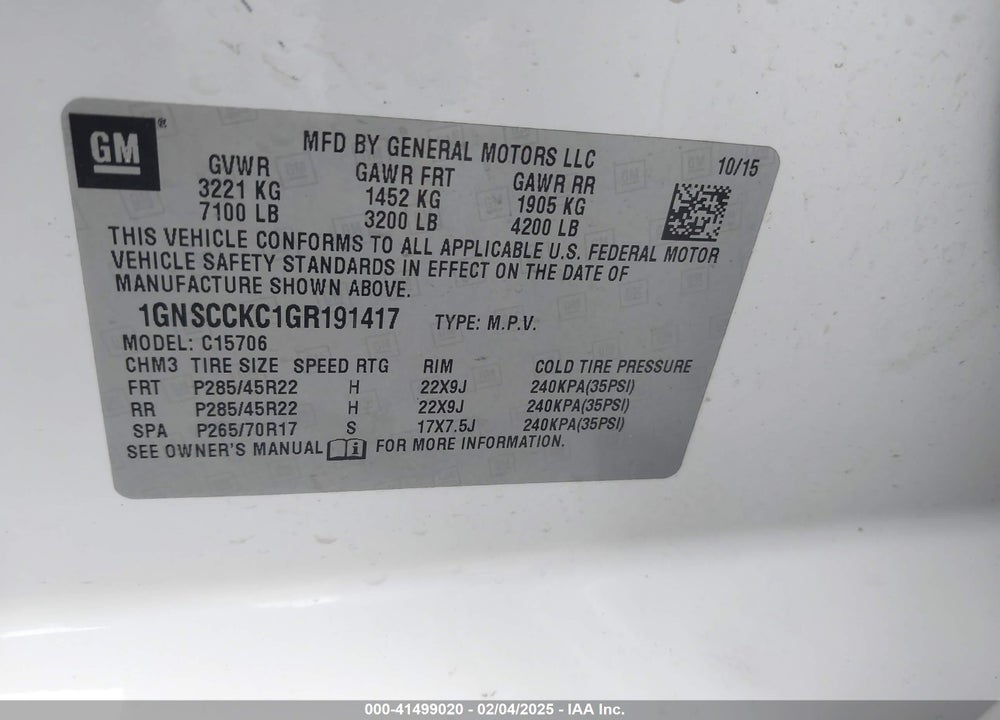 2016 CHEVROLET TAHOE VIN: 1GNSCCKC1GR191417