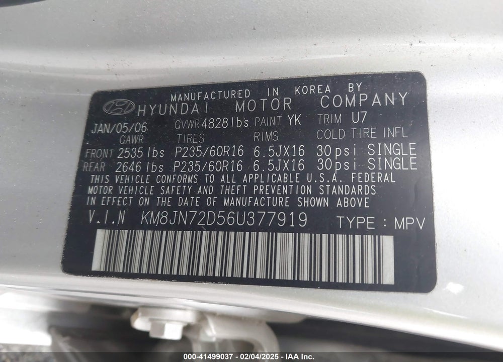 2006 HYUNDAI TUCSON GLS/LIMITED VIN: KM8JN72D56U377919