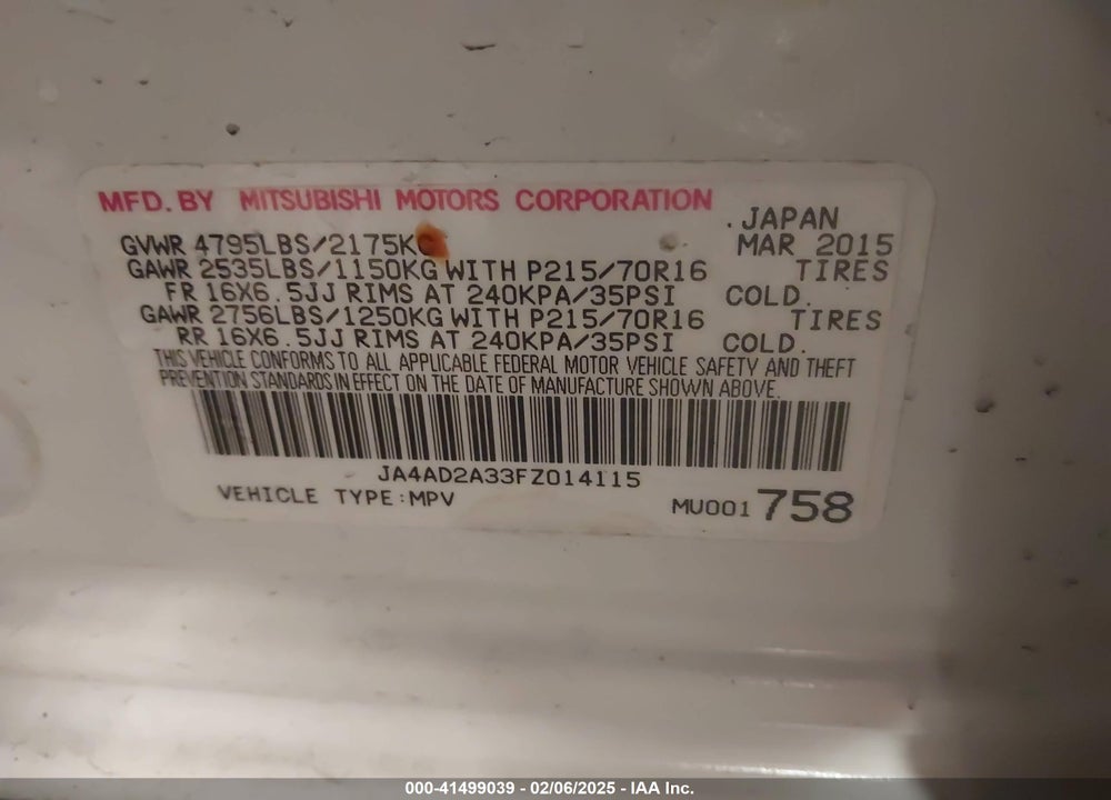 2015 MITSUBISHI OUTLANDER VIN: JA4AD2A33FZ014115