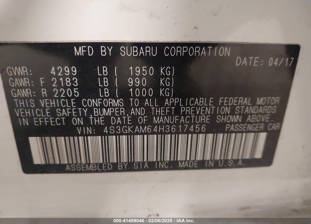 2017 SUBARU IMPREZA VIN: 4S3GKAM64H3617456