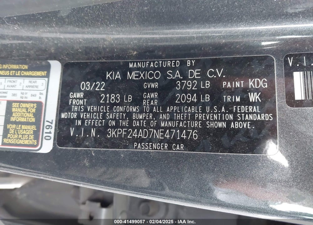 2022 KIA FORTE VIN: 3KPF24AD7NE471476