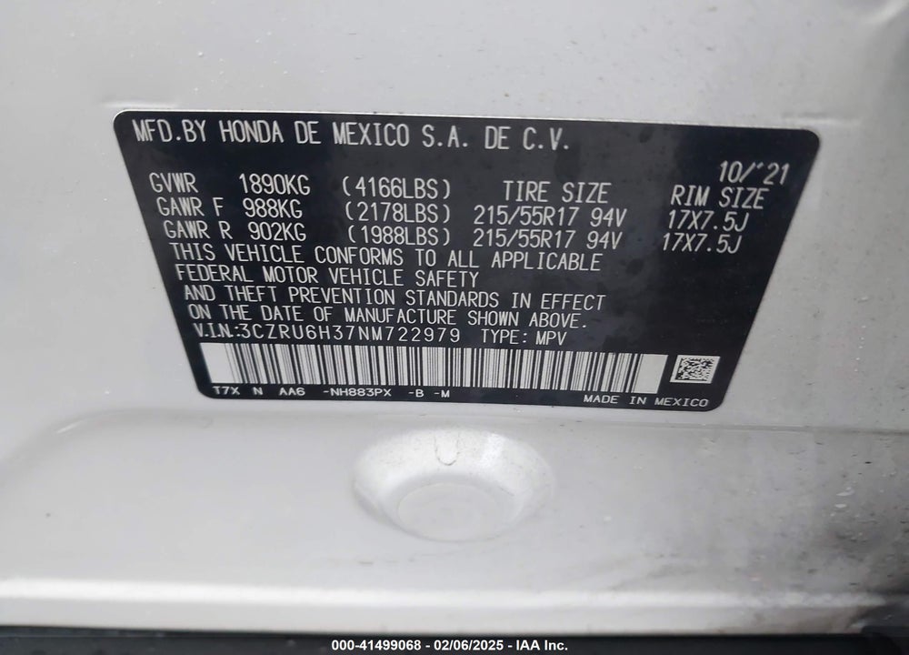 2022 HONDA HR-V AWD LX VIN: 3CZRU6H37NM722979