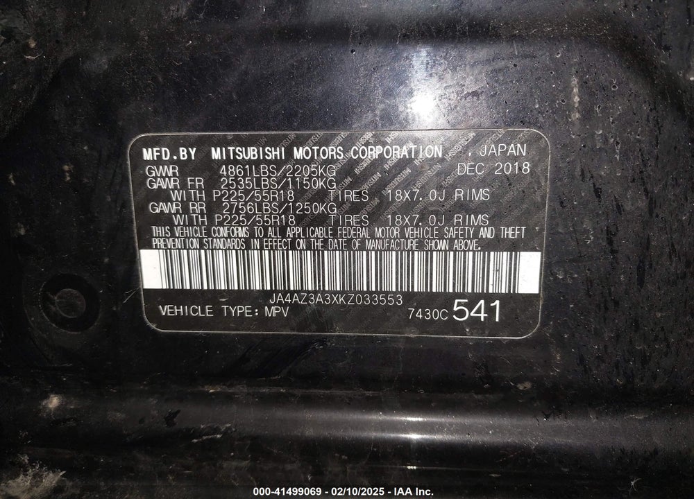 2019 MITSUBISHI OUTLANDER ES VIN: JA4AZ3A3XKZ033553