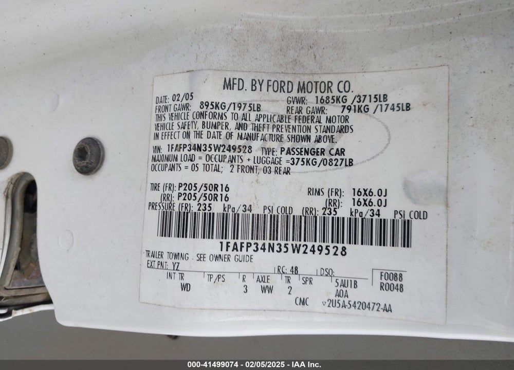 2005 FORD FOCUS ZX4 VIN: 1FAFP34N35W249528