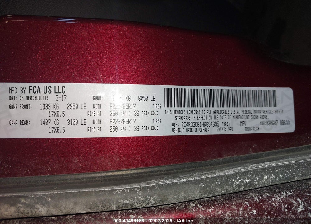 2017 DODGE GRAND CARAVAN VIN: 2C4RDGCG1HR694695