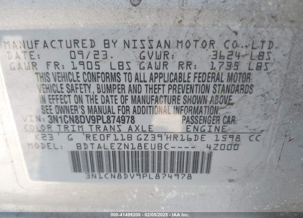 2023 NISSAN VERSA VIN: 3N1CN8DV9PL874978