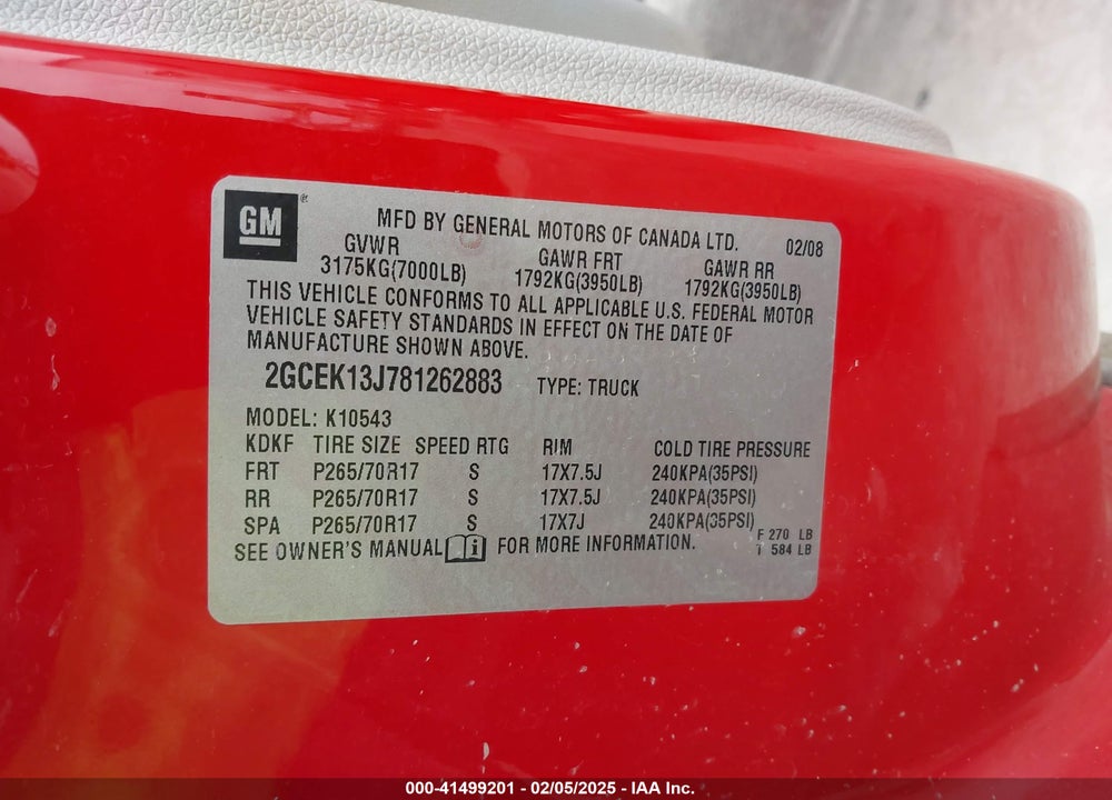 2008 CHEVROLET SILVERADO VIN: 2GCEK13J781262883