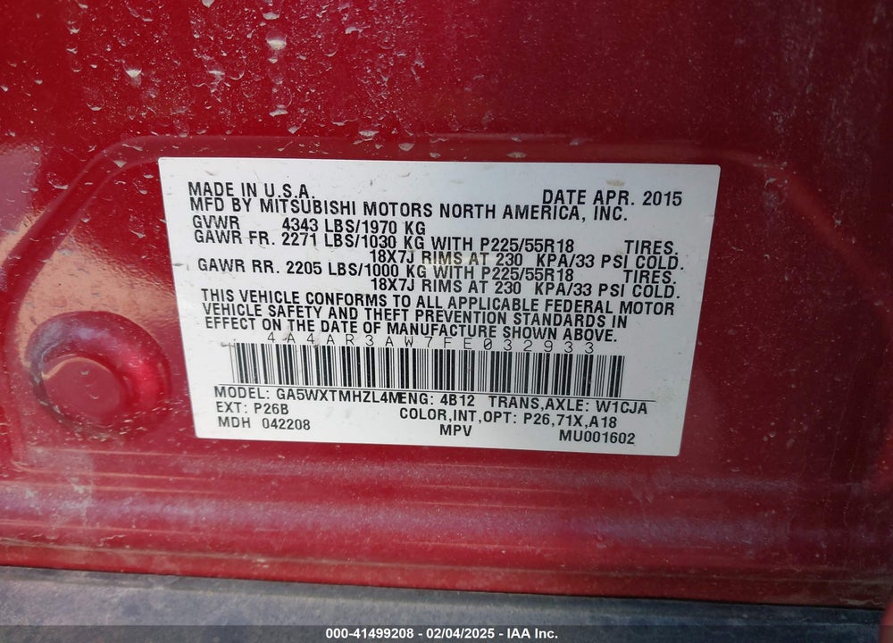 2015 MITSUBISHI OUTLANDER SPORT VIN: 4A4AR3AW7FE032933
