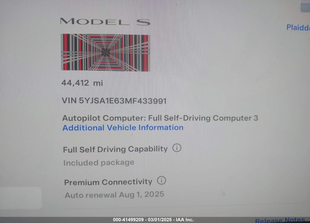 2021 TESLA MODEL S VIN: 5YJSA1E63MF433991