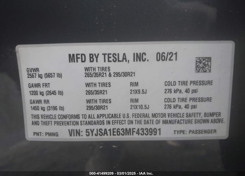 2021 TESLA MODEL S VIN: 5YJSA1E63MF433991