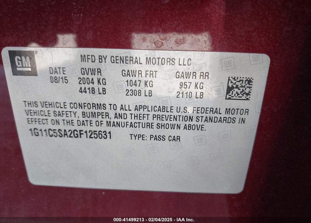 2016 CHEVROLET MALIBU LIMITED VIN: 1G11C5SA2GF125631