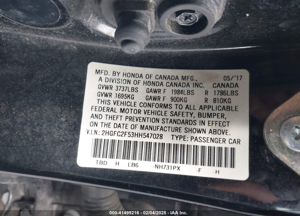 2017 HONDA CIVIC LX VIN: 2HGFC2F53HH547028