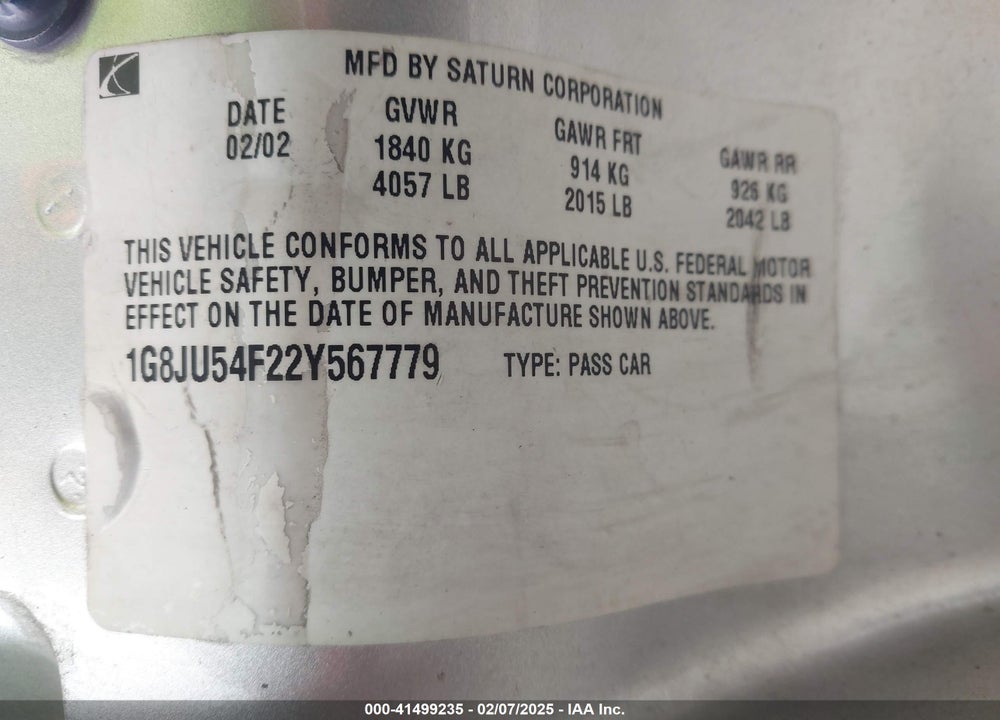 2002 SATURN L-SERIES L200 VIN: 1G8JU54F22Y567779