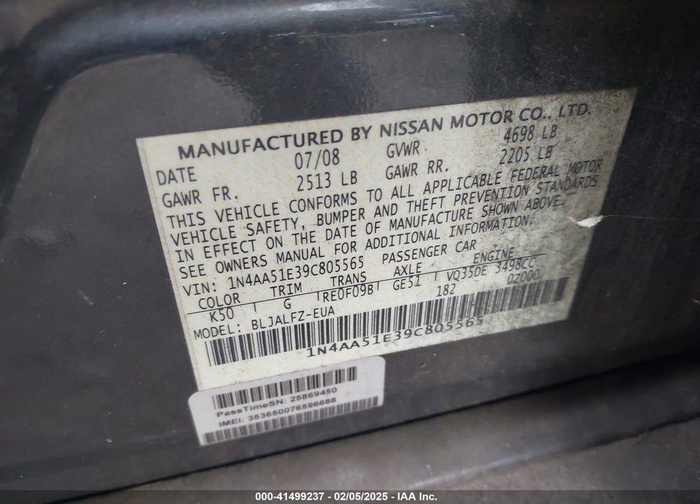 2009 NISSAN MAXIMA VIN: 1N4AA51E39C805565