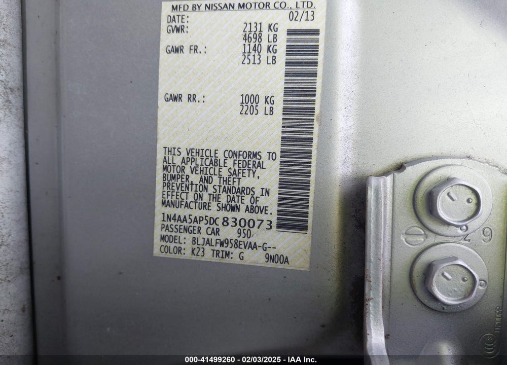 2013 NISSAN MAXIMA VIN: 1N4AA5AP5DC830073