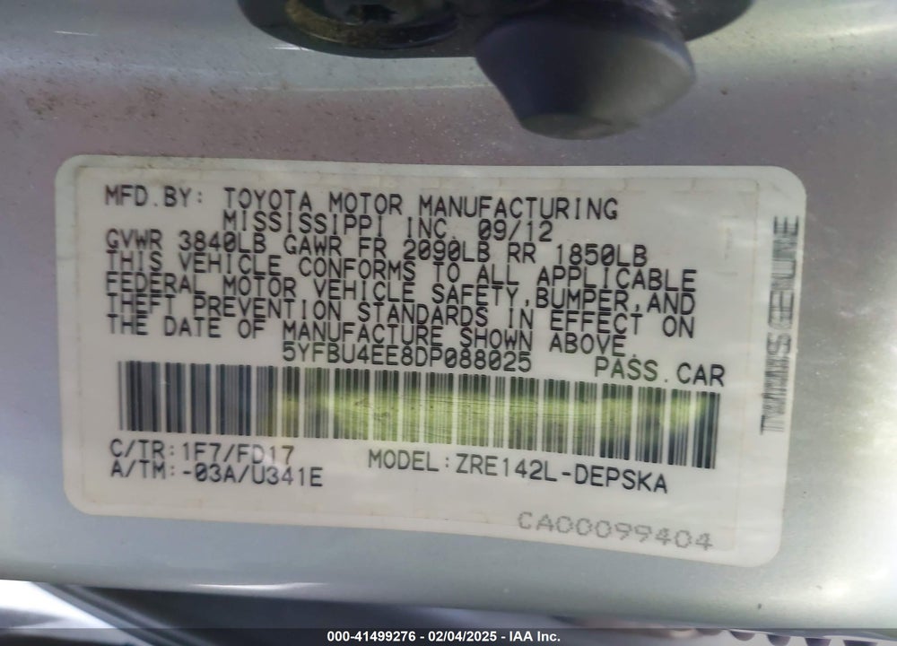 2013 TOYOTA COROLLA VIN: 5YFBU4EE8DP088025