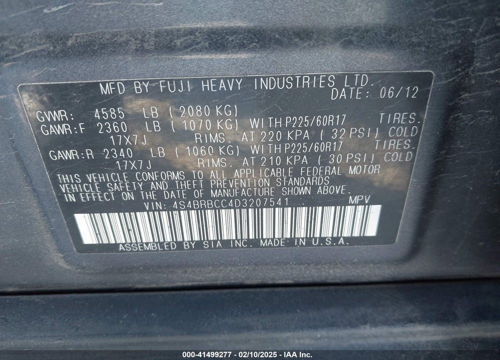 2013 SUBARU OUTBACK 2.5I PREMIUM VIN: 4S4BRBCC4D3207541