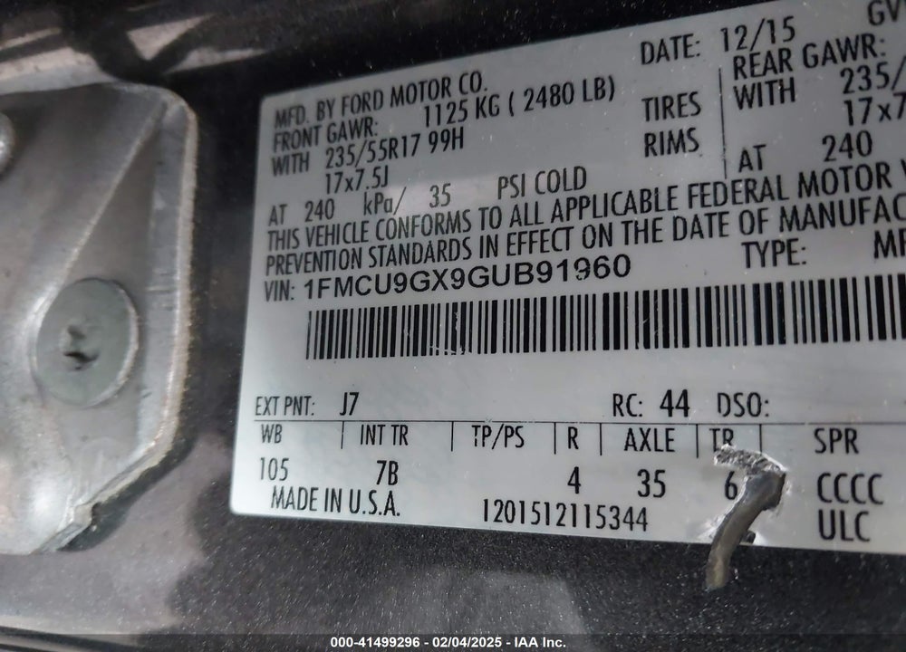 2016 FORD ESCAPE VIN: 1FMCU9GX9GUB91960