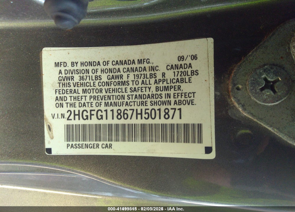 2007 HONDA CIVIC EX VIN: 2HGFG11867H501871