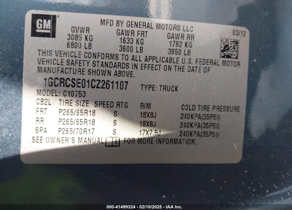 2012 CHEVROLET SILVERADO 1500 VIN: 1GCRCSE01CZ261107