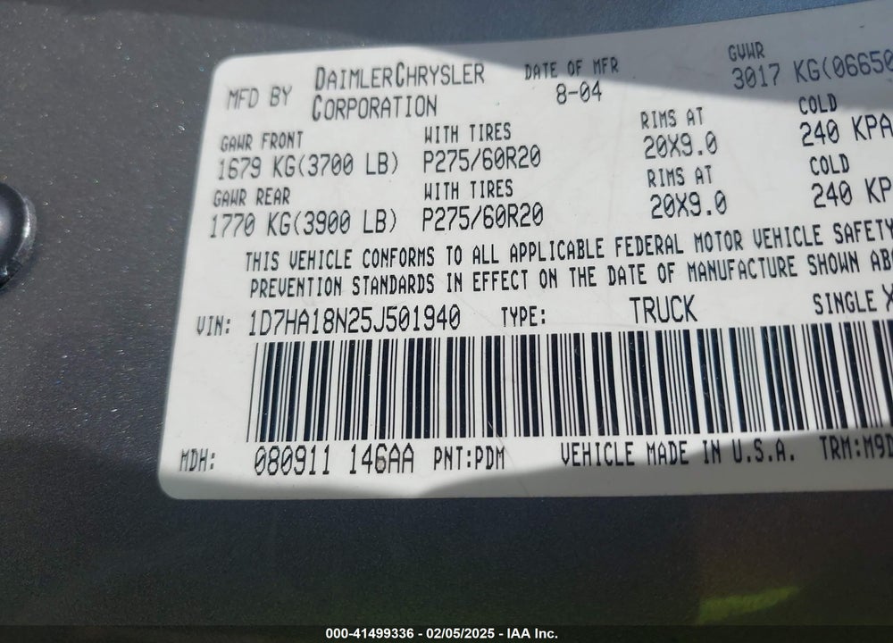 2005 DODGE RAM 1500 SLT/LARAMIE VIN: 1D7HA18N25J501940
