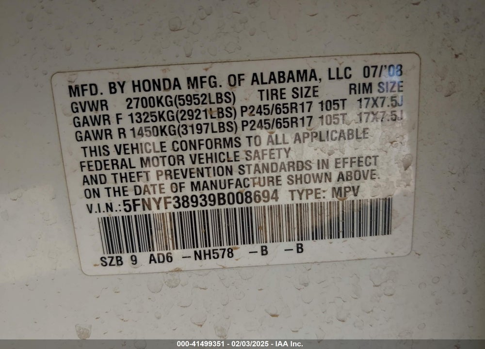 2009 HONDA PILOT TOURING VIN: 5FNYF38939B008694