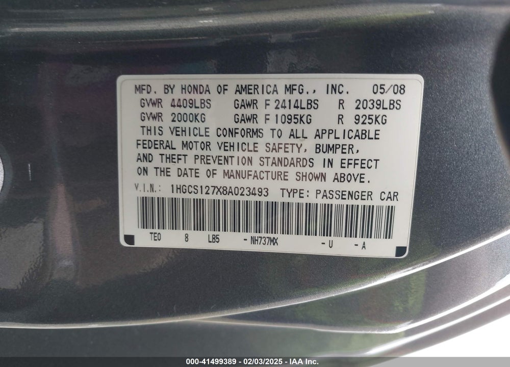 2008 HONDA ACCORD VIN: 1HGCS127X8A023493