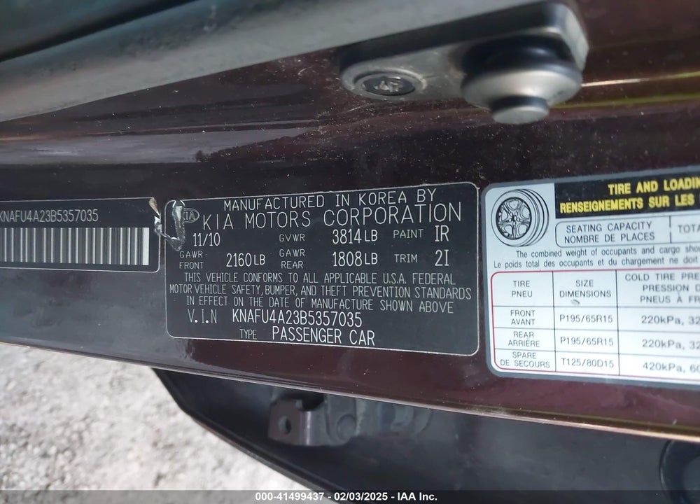 2011 KIA FORTE VIN: KNAFU4A23B5357035