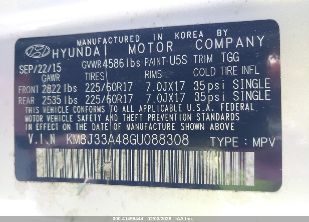 2016 HYUNDAI TUCSON SE VIN: KM8J33A48GU088308