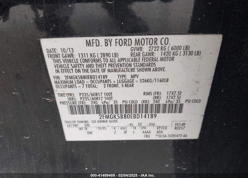 2014 FORD FLEX VIN: 2FMGK5B80EBD14189