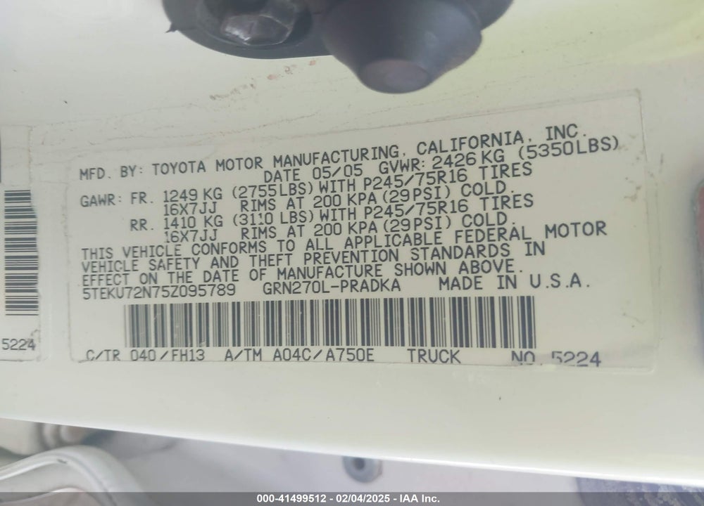 2005 TOYOTA TACOMA VIN: 5TEKU72N75Z095789