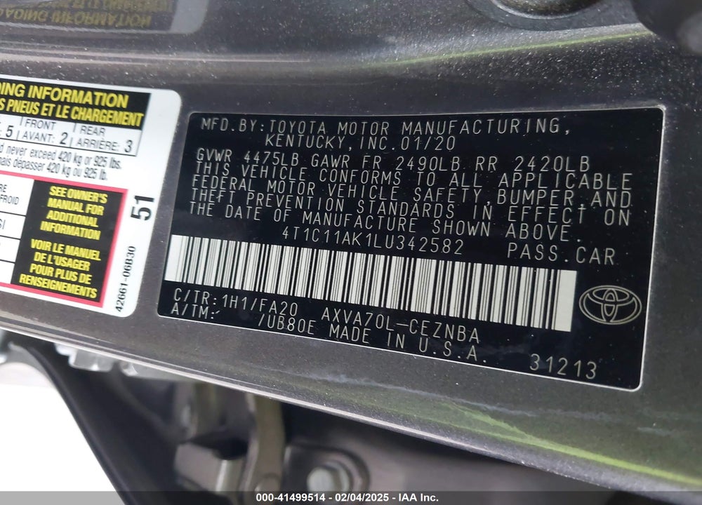 2020 TOYOTA CAMRY VIN: 4T1C11AK1LU342582