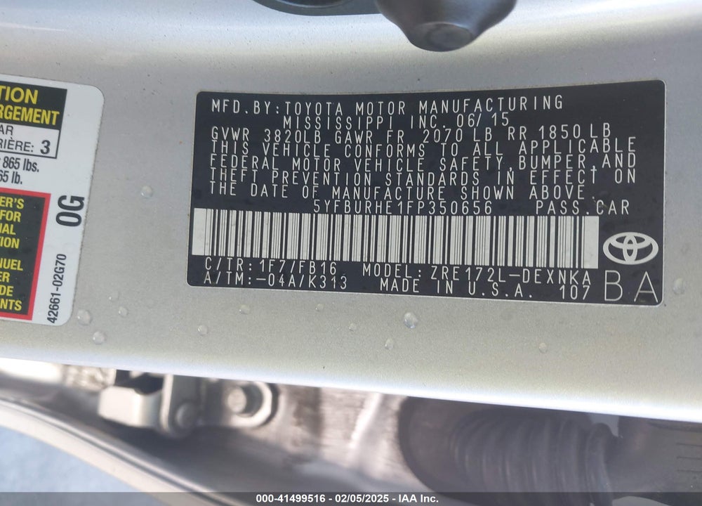 2015 TOYOTA COROLLA LE VIN: 5YFBURHE1FP350656