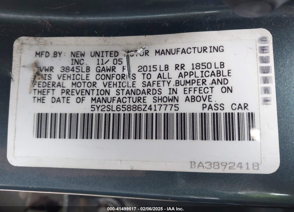 2006 PONTIAC VIBE VIN: 5Y2SL65886Z417775